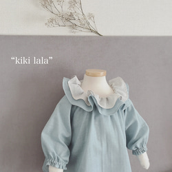 【予約】“KiKi LaLa”  Wフリル襟の遊び着スモック 80-100sizeシェルブルー　 2枚目の画像