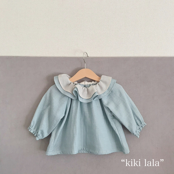 【予約】“KiKi LaLa”  Wフリル襟の遊び着スモック 80-100sizeシェルブルー　 3枚目の画像