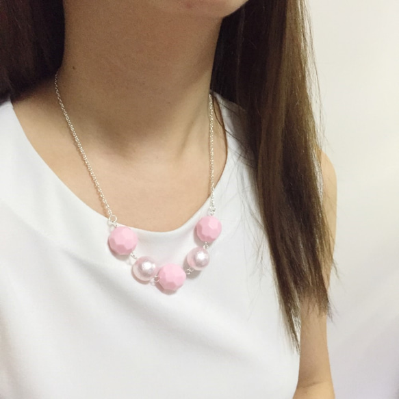 コットンパールネックレスとあなたの愛するワンビード形状 - ピンク 3枚目の画像
