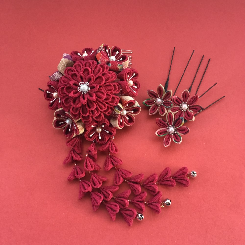 つまみ細工簪(ワインレッド）