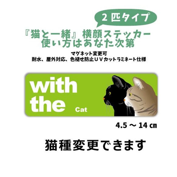 【再販4】愛犬 愛猫2匹並んで DOG IN CAR 『犬と一緒』横顔ステッカー 玄関 車 横長シール 2枚目の画像