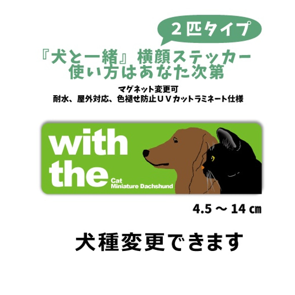 【再販4】愛犬 愛猫2匹並んで DOG IN CAR 『犬と一緒』横顔ステッカー 玄関 車 横長シール 3枚目の画像