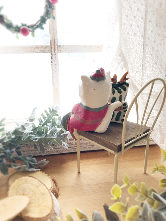 わこねこ陶人形-仲良しサンタとトナカイ-/猫 置物 クリスマス サンタ 2枚目の画像