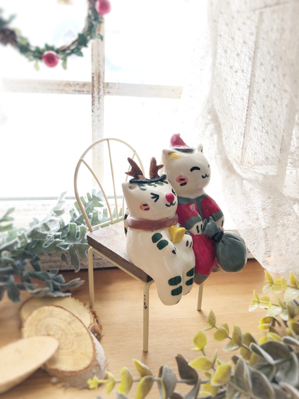 わこねこ陶人形-仲良しサンタとトナカイ-/猫 置物 クリスマス サンタ 3枚目の画像