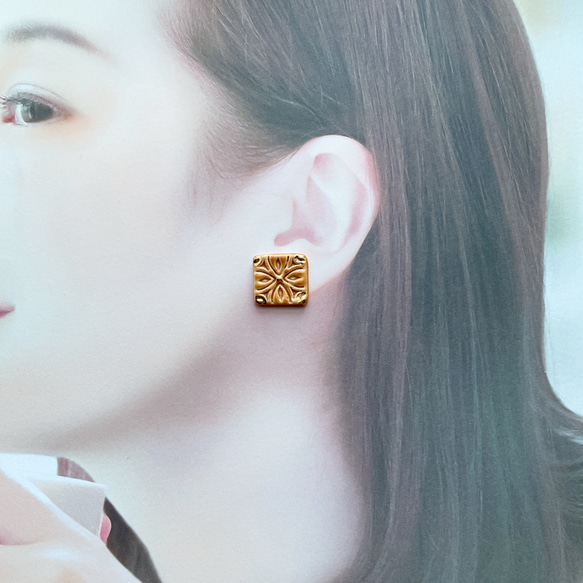 印花 金彩ピアス  B 秋色 /陶磁 耳飾り/陶器製 イヤリング 7枚目の画像