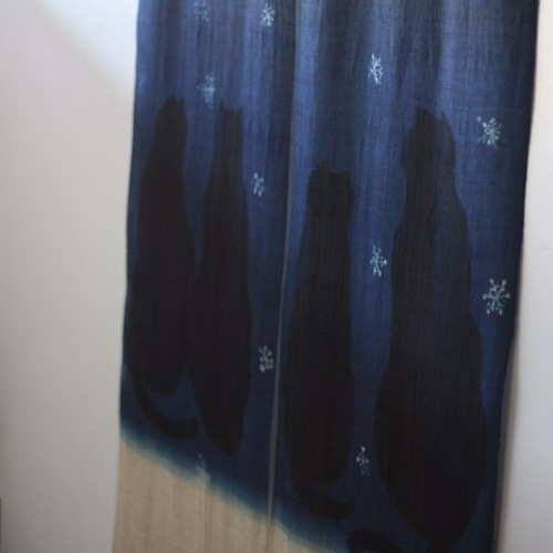 暖簾 のれん N-8123 雪ネコ 藍染 墨染 本麻 半間 90x130cm