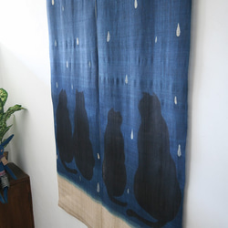 暖簾 のれん N-8126 雨ネコ  藍染　墨染　本麻 半間 90x130cm 1枚目の画像