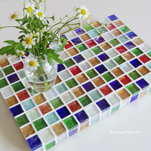 カラフルMix ガラスモザイクタイルのディスプレイトレイ（小物置き）大
