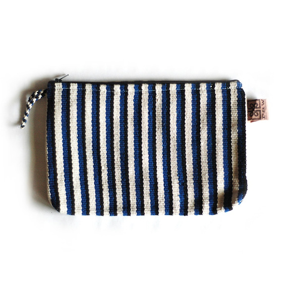 Atita手織りコットン防水ポーチ - 青 - 黒のストリップ 1枚目の画像