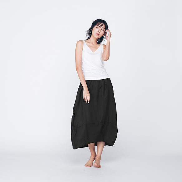 棉麻圓裙 - 黑 Side ruched midi skirt - Black 第1張的照片