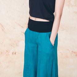 棉麻寬褲 - 湖水綠 Signature elastic waistband wide-leg pants - Teal 第1張的照片