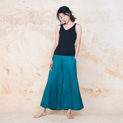 棉麻寬褲 - 湖水綠 Signature elastic waistband wide-leg pants - Teal 第2張的照片