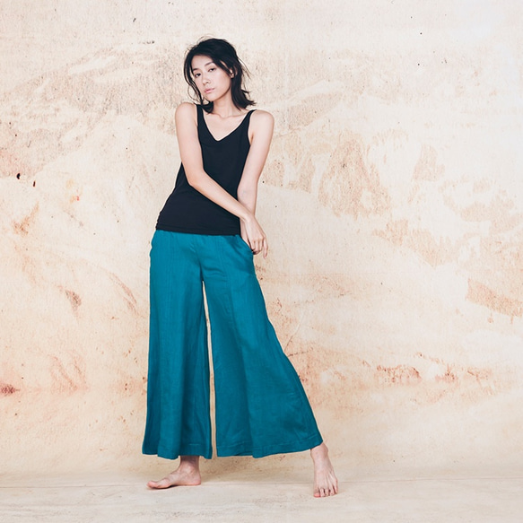 棉麻寬褲 - 湖水綠 Signature elastic waistband wide-leg pants - Teal 第4張的照片