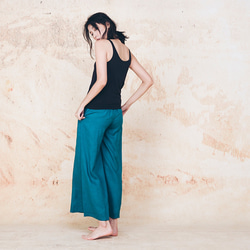 棉麻寬褲 - 湖水綠 Signature elastic waistband wide-leg pants - Teal 第5張的照片