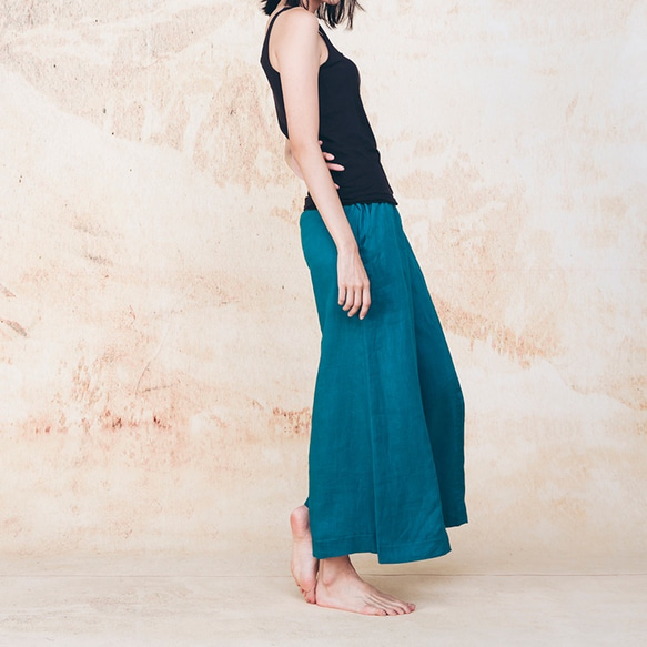 棉麻寬褲 - 湖水綠 Signature elastic waistband wide-leg pants - Teal 第6張的照片