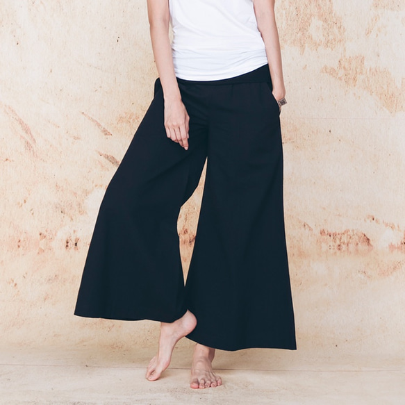 棉麻寬褲 - 黑 Signature elastic waistband wide-leg pants - Black 第1張的照片