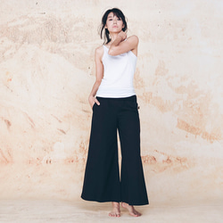 棉麻寬褲 - 黑 Signature elastic waistband wide-leg pants - Black 第2張的照片