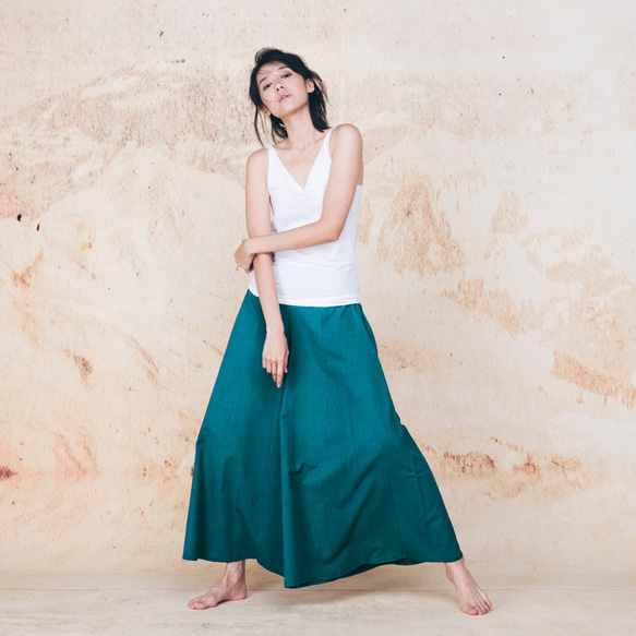 手工棉麻寬擺褲裙-藍綠 Classic wide leg culotte trousers - Turquoise 第1張的照片