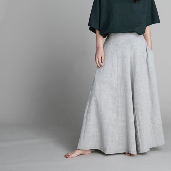 手工棉麻寬擺褲裙-淺灰 Classic wide leg culotte trousers - Light Gray 第1張的照片