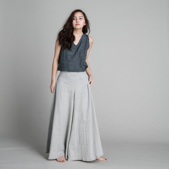 手工棉麻寬擺褲裙-淺灰 Classic wide leg culotte trousers - Light Gray 第3張的照片