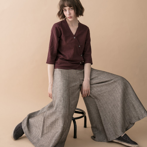 手棉麻寬擺褲裙 -人字紋 Classic wide leg culotte trousers - Herringbone 第4張的照片