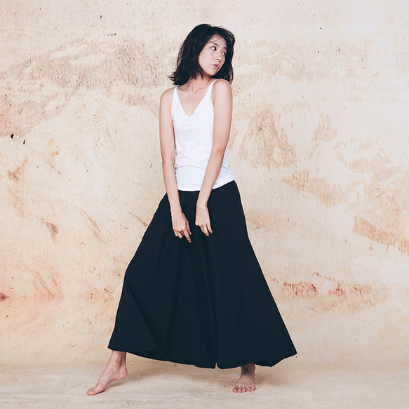 棉麻寬擺褲裙-黑 Classic wide leg culotte trousers - Black 第1張的照片