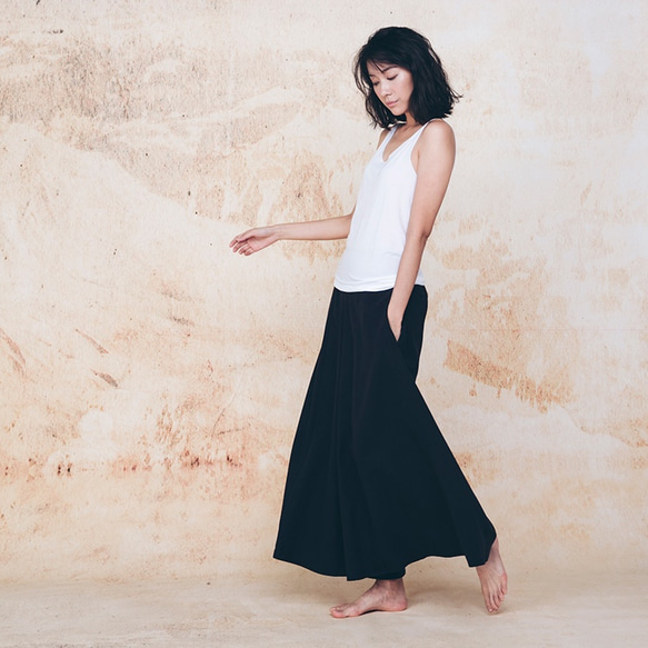 棉麻寬擺褲裙-黑 Classic wide leg culotte trousers - Black 第3張的照片