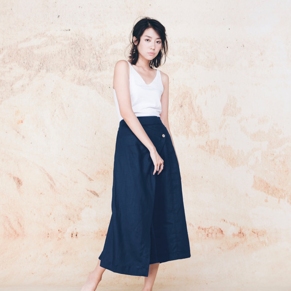 手工棉麻低襠褲裙-深藍 Handmade drop-crotch culottes - Navy 第1張的照片