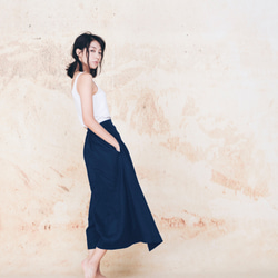 手工棉麻低襠褲裙-深藍 Handmade drop-crotch culottes - Navy 第2張的照片