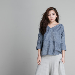 拼片七分袖上衣 - 麻藍 3/4 sleeve blouse - blue 第3張的照片