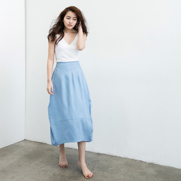 棉麻圓裙 - 靜謐藍 第2張的照片