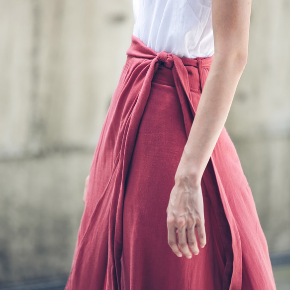 スカートの一部-ブリックレッドミディラップスカート-クリムゾン 4枚目の画像