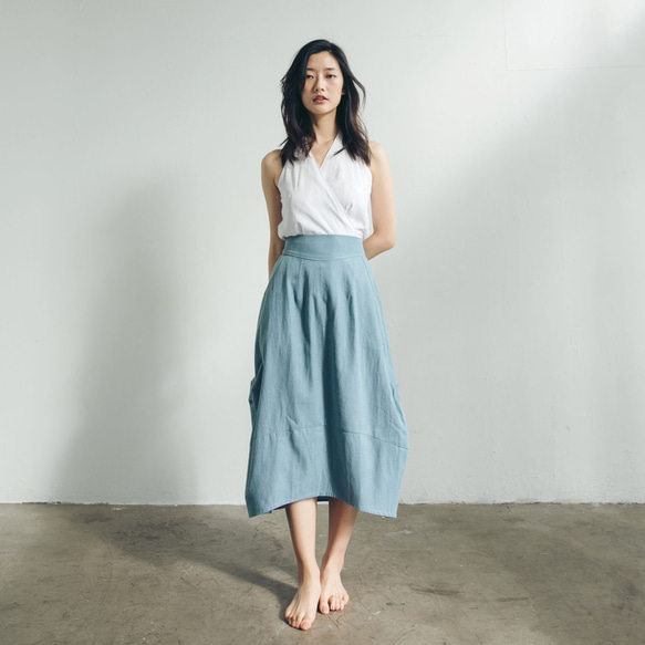 棉麻圓裙 - 單寧 Side ruched midi skirt - Demin 第4張的照片