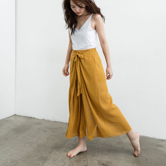 前綁帶開岔褲 - 芥黃 Wrap-effect tie-front pants - mustard 第5張的照片