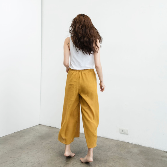 前綁帶開岔褲 - 芥黃 Wrap-effect tie-front pants - mustard 第6張的照片