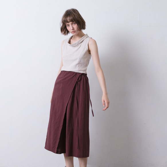 前片綁帶褲 - 酒紅 Faux-wrap wide-leg pants - Burgundy 第2張的照片