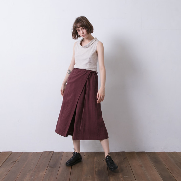 前片綁帶褲 - 酒紅 Faux-wrap wide-leg pants - Burgundy 第4張的照片