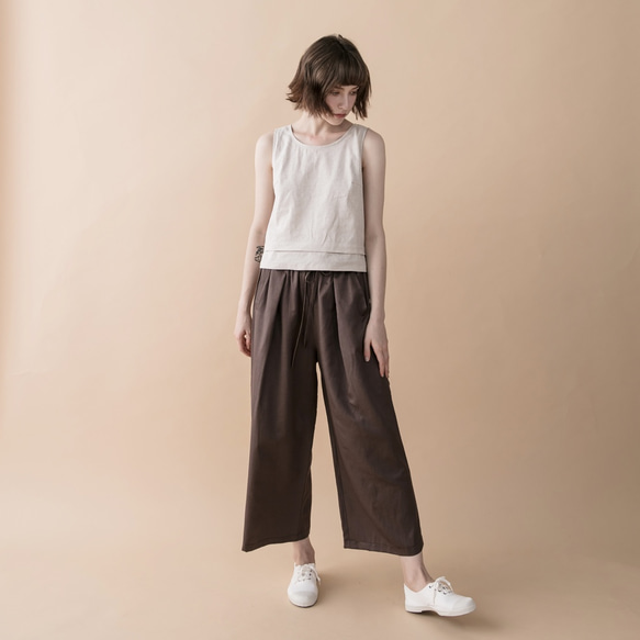 前褶抽繩寬褲 - 可可 Pleated wide-leg pants with drawstrings - Cocoa 第5張的照片