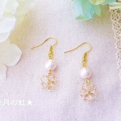 桜色☆ピンクコットンパール♡ハートのお花のイヤリング・ピアス☆ 6枚目の画像