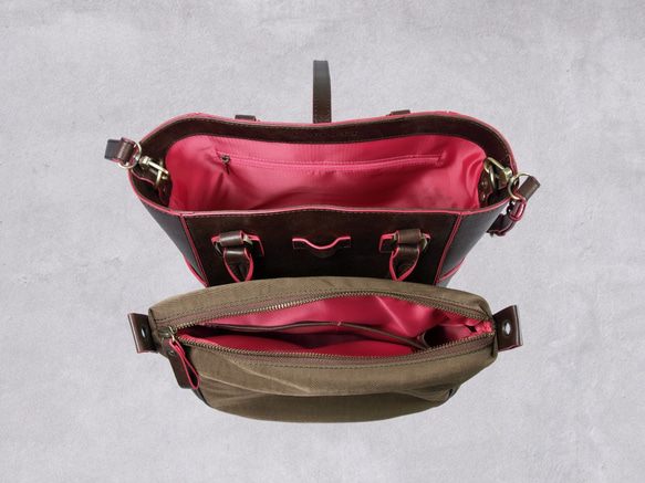 Baimiao Medium Leather Tote / Double Bag – Pink Trim 2枚目の画像