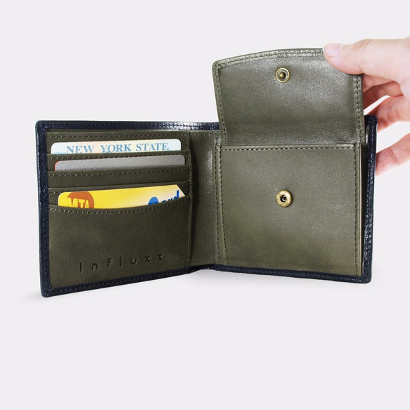 Montage Leather Bi-fold Compact Wallet - Black/Green 1枚目の画像