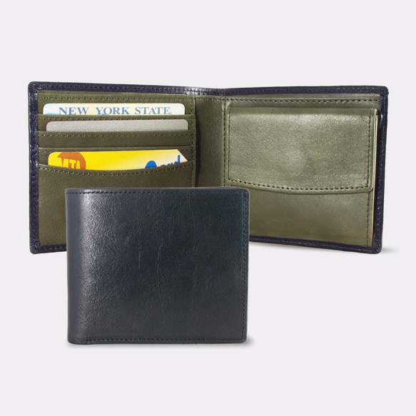 Montage Leather Bi-fold Compact Wallet - Black/Green 2枚目の画像