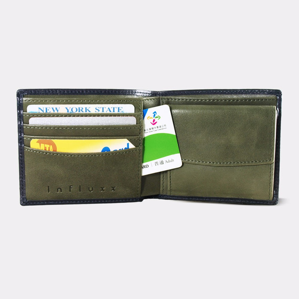 Influxx蒙太奇牛皮雙鈔票零錢對折短夾 - 外藍黑，內綠 第3張的照片
