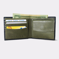 Influxx蒙太奇牛皮雙鈔票零錢對折短夾 - 外藍黑，內綠 第6張的照片