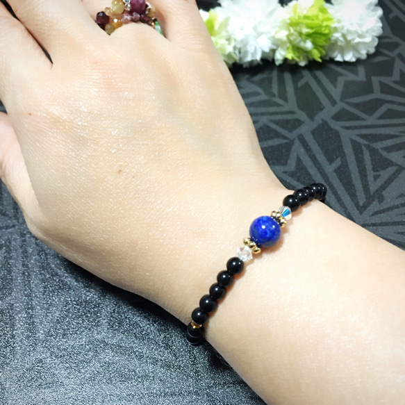 ハンドメイド ラピスラズリ ブレスレット 再販3】【金具不使用】【重ねづけにも】ラピスラズリと黒水晶