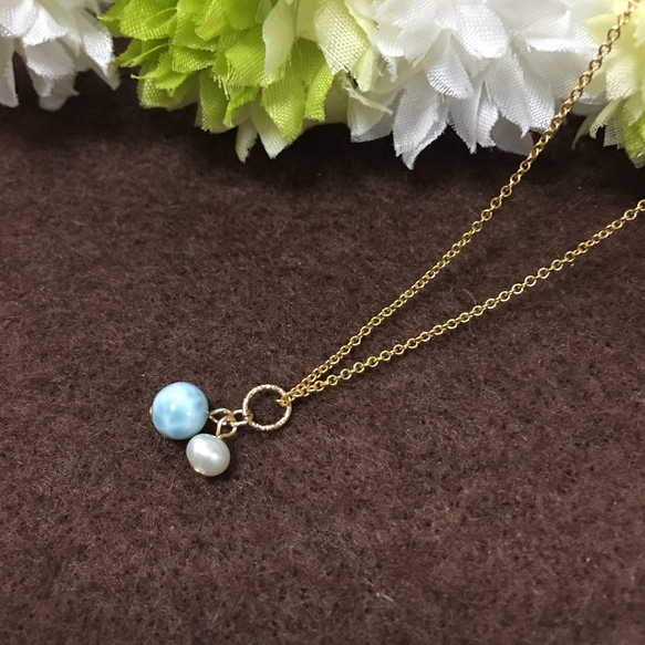 ラリマーと淡水パールネックレス