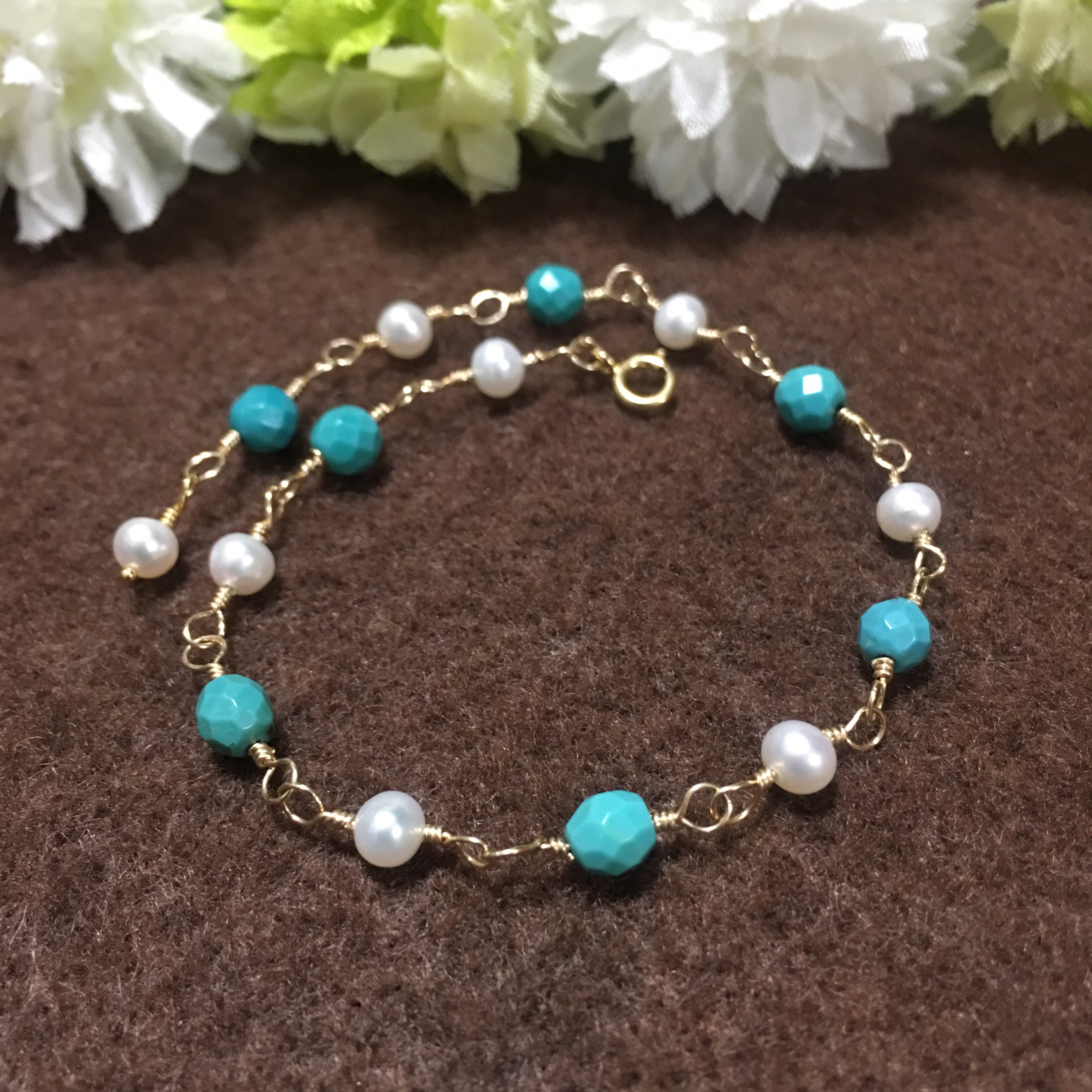【14kgf 】天然色ターコイズと淡水パールのブレスレット