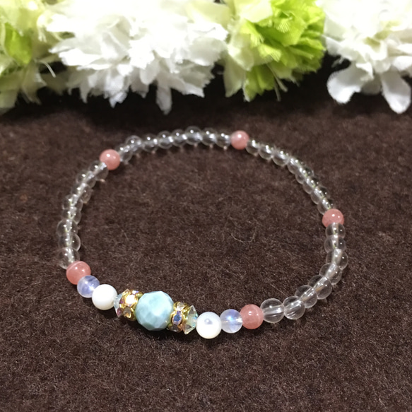 1点✿天然美品ラリマー✴インカローズ✴レインボームーンストーン華やかブレスレット 運命の出会いを引き寄せる】ラリマーとレインボームーンストーン