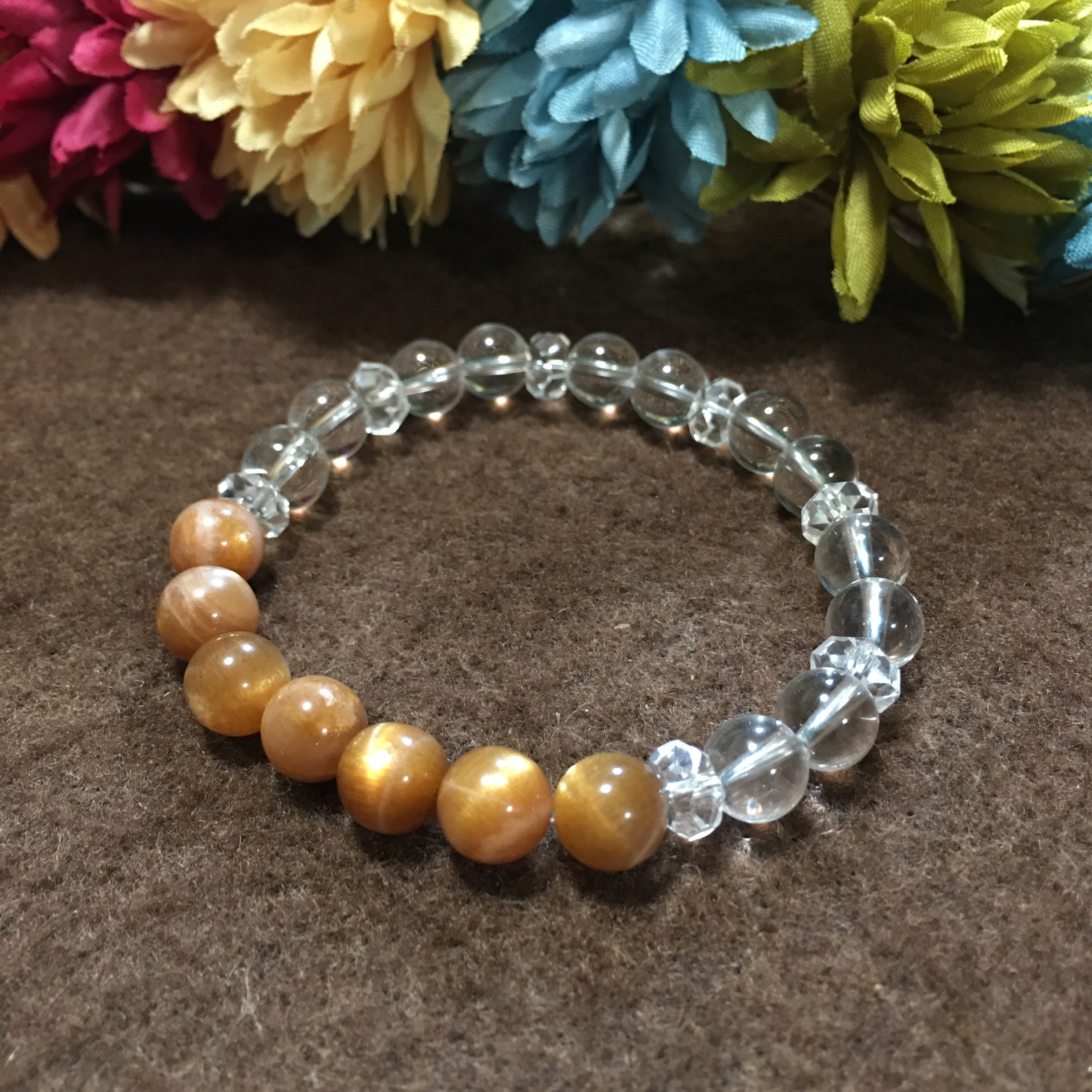 【再販1】【総天然石】ゴールデンシャインブラウンムーンストーンと水晶のブレスレット