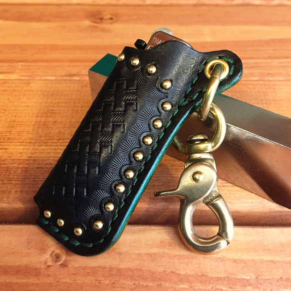 Basket×Studs lighter case【Black×Green】 1枚目の画像